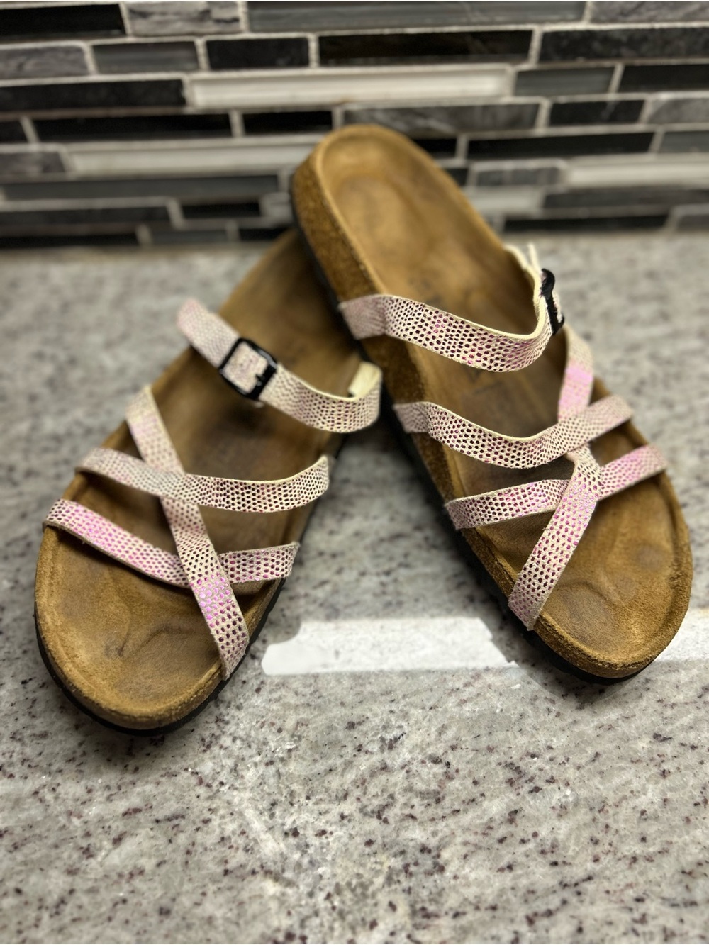 Birkenstock Pink &white Metallic Strappy Slide Sandals size 11(42)